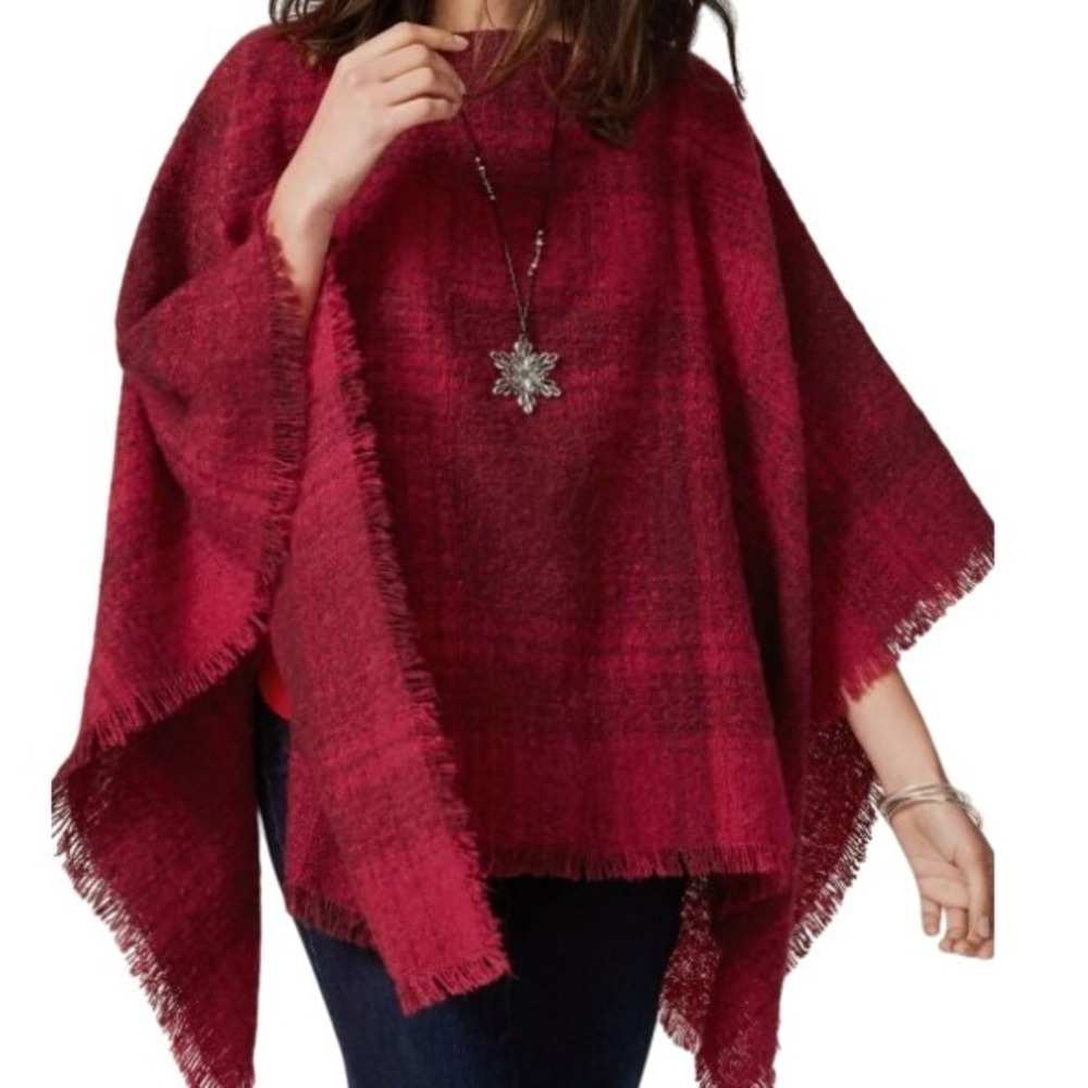 J. JIll Red Plaid Fringe Poncho Cape Pullover Layering Shawl Cozy Women's S-L